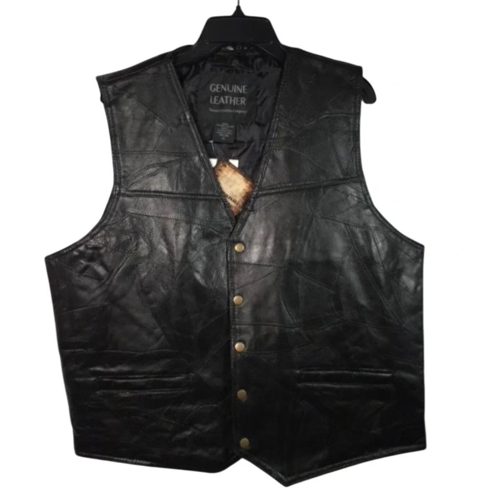 Giovanni Navarre Mens XL Black Patchwork Genuine Leather Biker Vest Snap Front‎